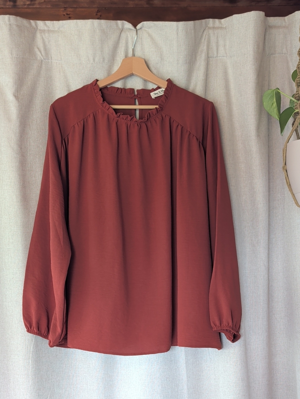 Long Sleeve Ruffle-Neck Blouse - Rust